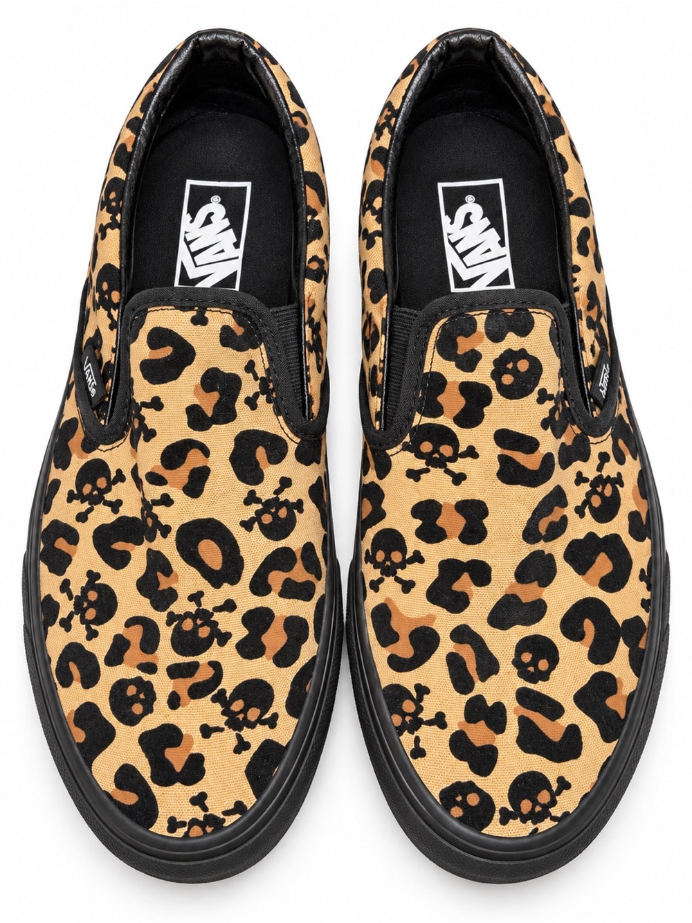 Vans Tan and Black Leopard Skull Slip-On Shoes